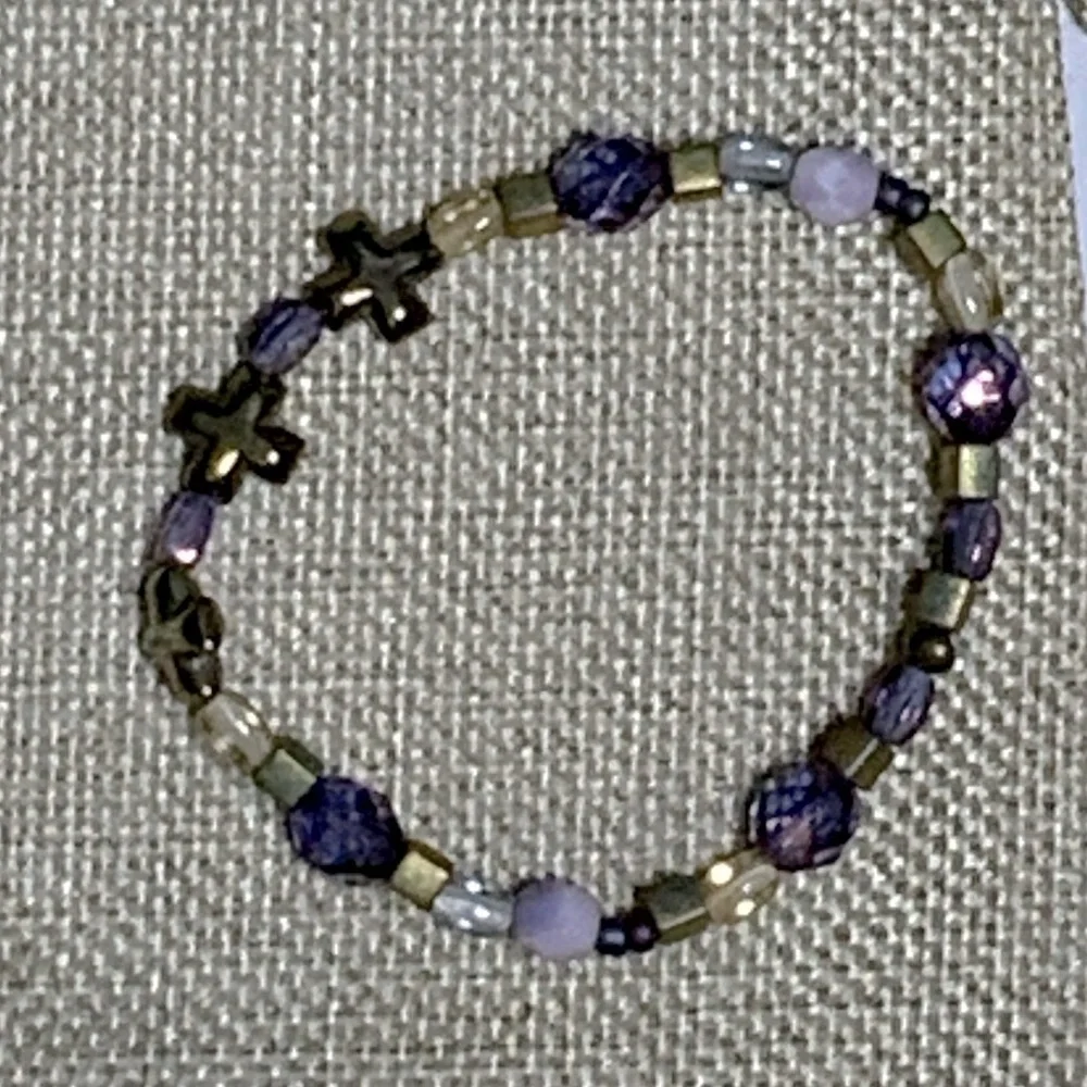 Regal 3 Cross Bracelet Purple Amethyst February Birthstone Religious Beaded